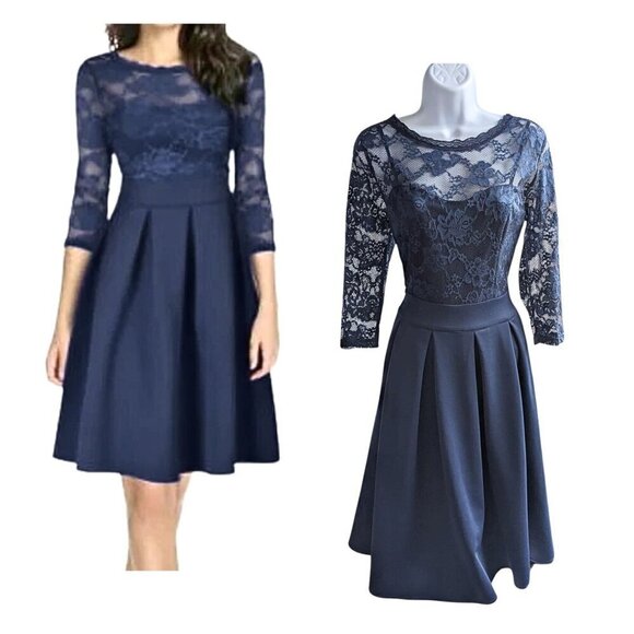 MIUSOL Navy Blue Lace Illusion Sweetheart Bodice Midi Fit & Flare Dress Size M - Picture 1 of 8